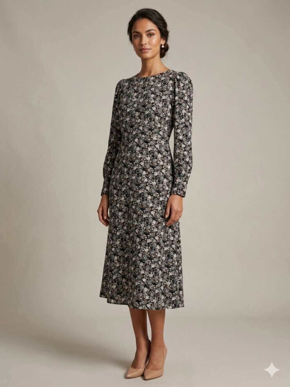 LOFT Black Floral Long-Sleeve A-Line Dress with Ivory Accents